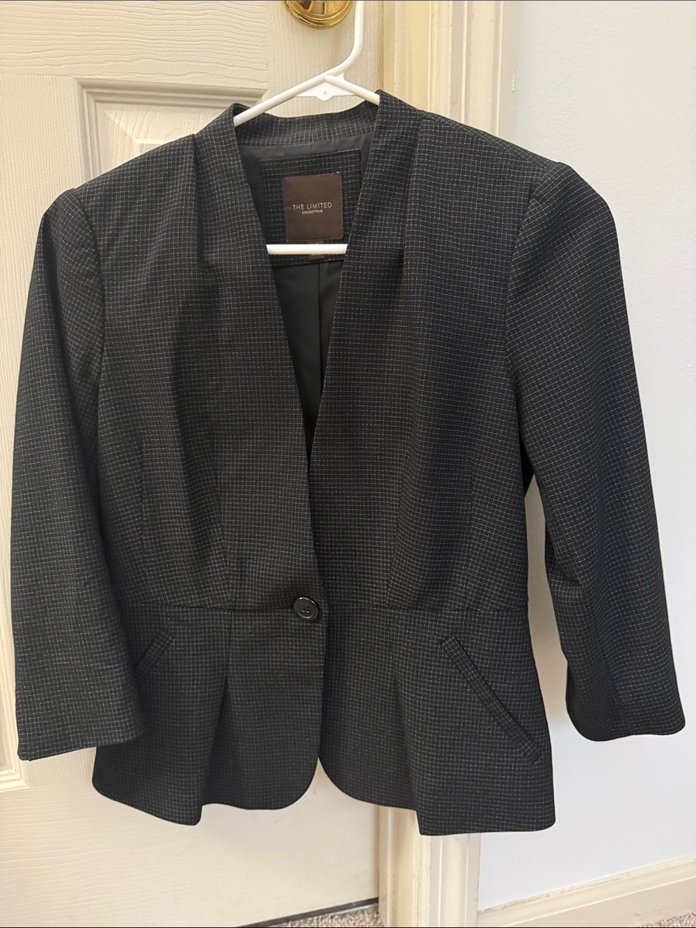 The Limited Black Textured One-Button Blazer with Subtle Check